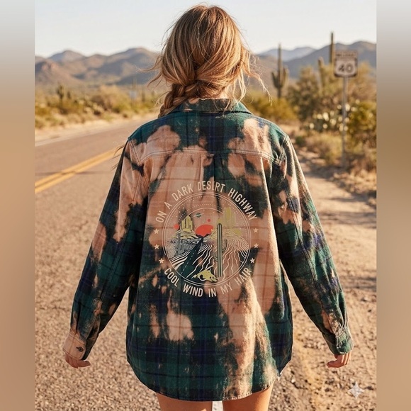 Handmade Tops - Custom Flannel Shirt XL Green Peach Desert Graphic Boho Festival